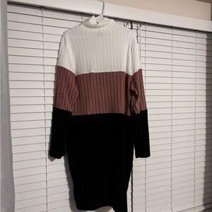 SHEIN Colorblock Ribbed Turtleneck Sweater Dress - White, Mauve, Black